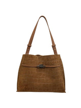  Genuine Leather & Suede Croc-Embossed Shoulder Tote, Made in Italy, art. 112784: Brown 