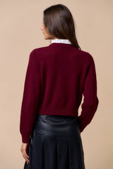  Button Down Cardigan Top with Gold Buttons L BURGUNDY-WHITE 