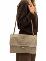 Large Genuine Leather & Suede Croc-Embossed Shoulder Bag, Made in Italy, art. 112783: Brown 