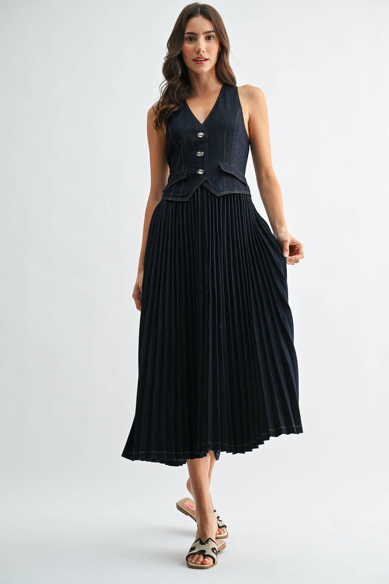  Wren Denim V-Neck Buttoned Vest Pleated Dress 