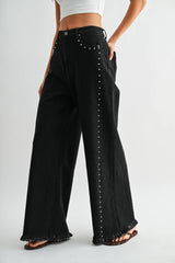  Quinn High-Waisted Black Wide-Leg Denim Stud Pants 