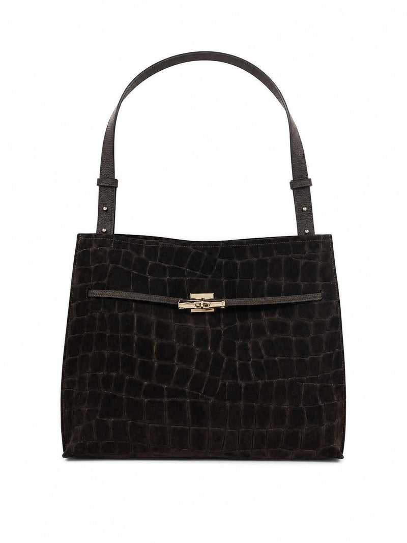  Genuine Leather & Suede Croc-Embossed Shoulder Tote, Made in Italy, art. 112784: Dark Brown 