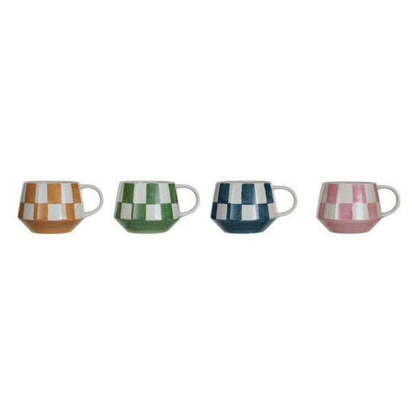 Bar & Glassware Checkered Hand-Painted Stoneware Mugs // Set of 4 