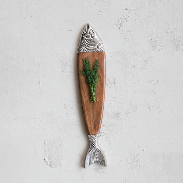 Cheese & Cutting Boards Acacia Wood & Cast Aluminum Fish Shaped Cheese/Serving Board, Natural & Nickel Finish 
