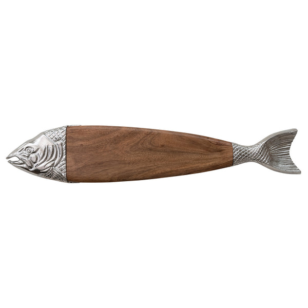 Cheese & Cutting Boards Acacia Wood & Cast Aluminum Fish Shaped Cheese/Serving Board, Natural & Nickel Finish 