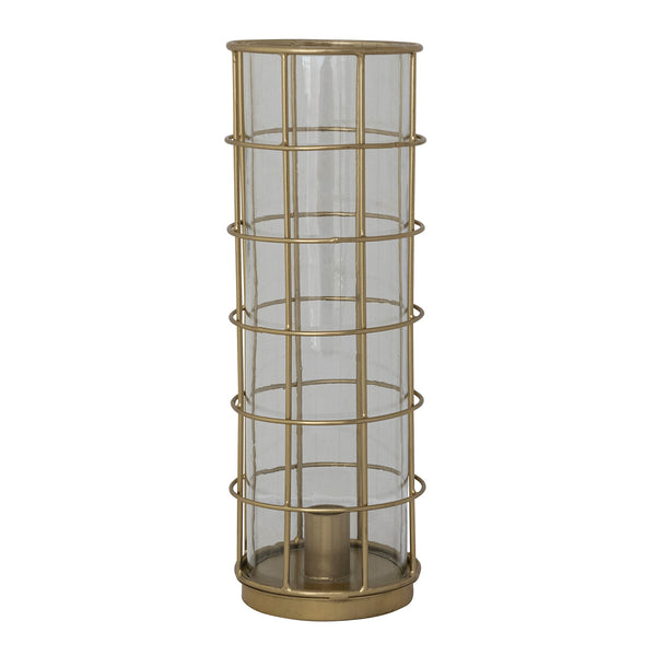 Candleholders Metal Taper Holder in Metal Cage with Glass Hurricane, Gold Finish 