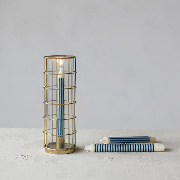 Candleholders Metal Taper Holder in Metal Cage with Glass Hurricane, Gold Finish 