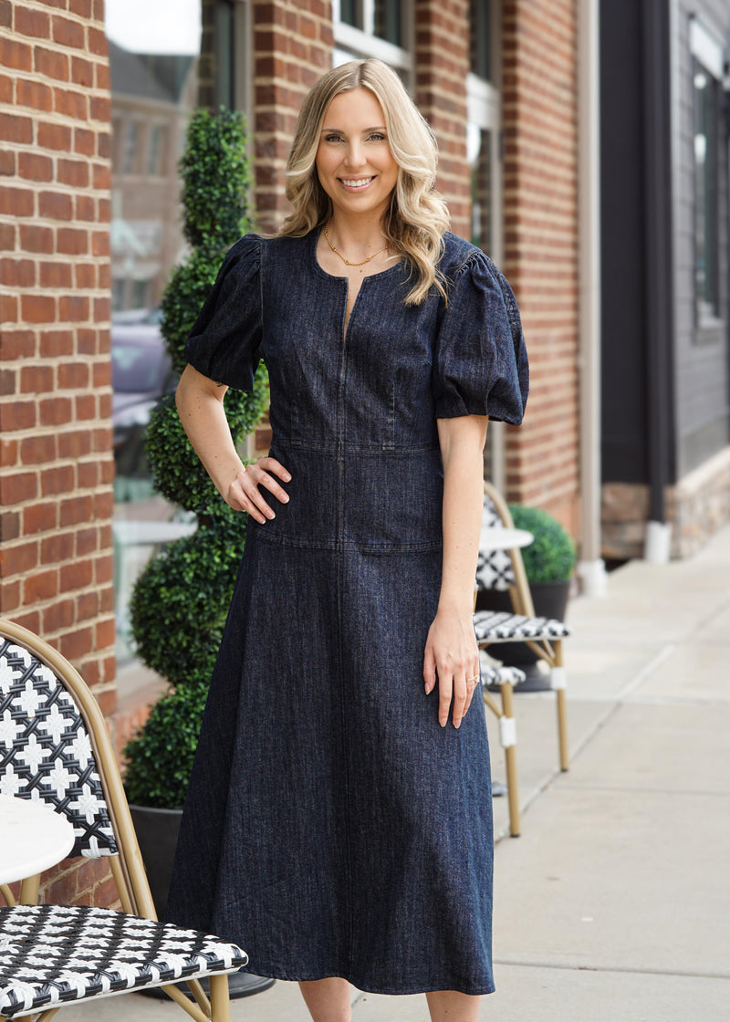 Lifestyle Puff Sleeve Midi Denim Dress 