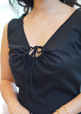 Glazed Cotton Black Keyhole Midi Dress