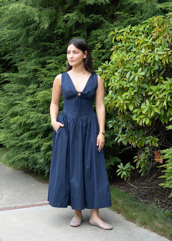 Lifestyle Shea Corset Cotton Navy Midi Dress 
