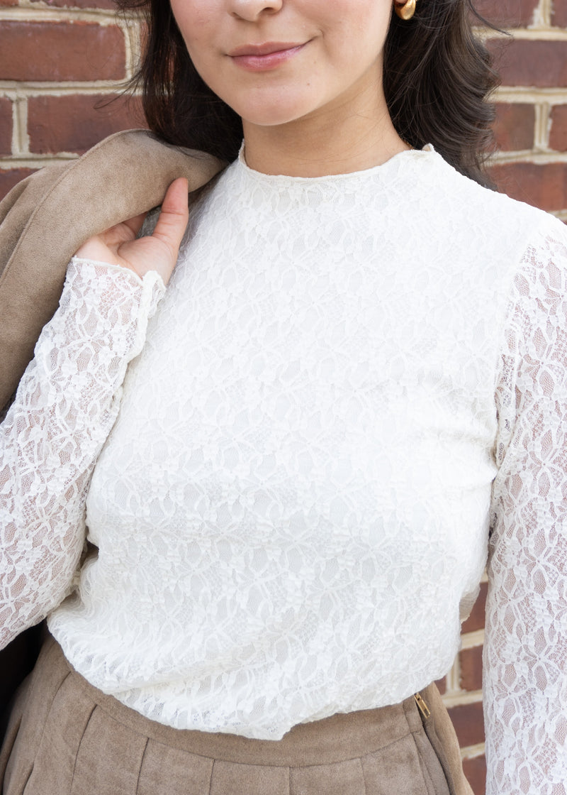 Anka Lace Mock Neck Long Sleeve Top // Ecru
