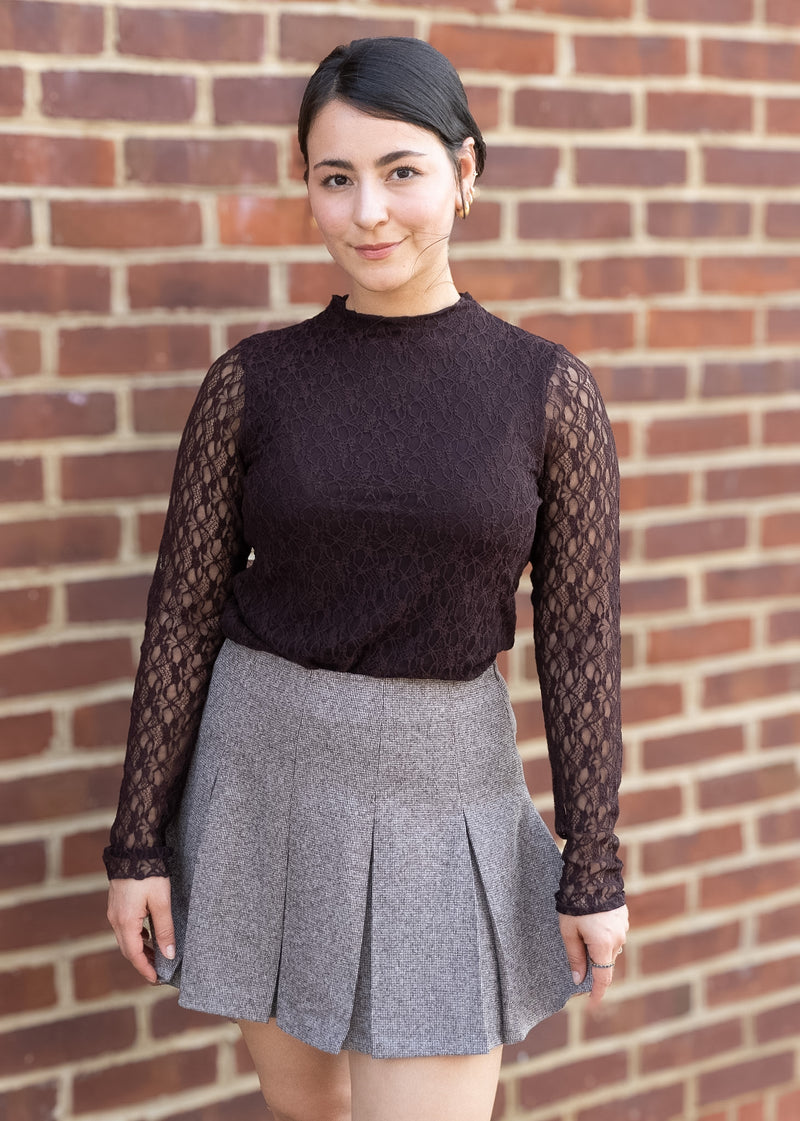 Anka Lace Mock Neck Long Sleeve Top // Brown