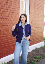 SWEATER JACKET W/ DENIM DTL // Navy