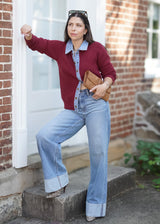 SWEATER JACKET W/ DENIM DTL // Maroon
