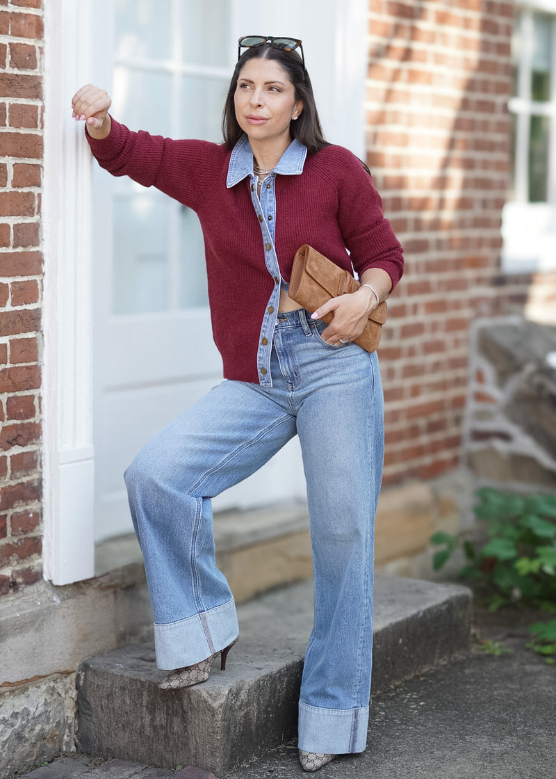 SWEATER JACKET W/ DENIM DTL // Maroon