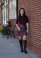 Nue 10/20 shoot: Lenna Studded Short Sleeve Sweater + Elowin Faux Leather Wrap Skirt + Italian Leather Mini Clutch