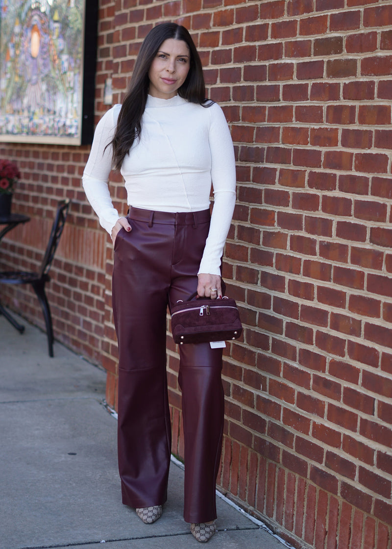 Nue 10/20 shoot: Mimi Textured Long Sleeve Top + Celine Faux Leather Wide Leg Trouser + Suede Top Handle Crossbody Bag