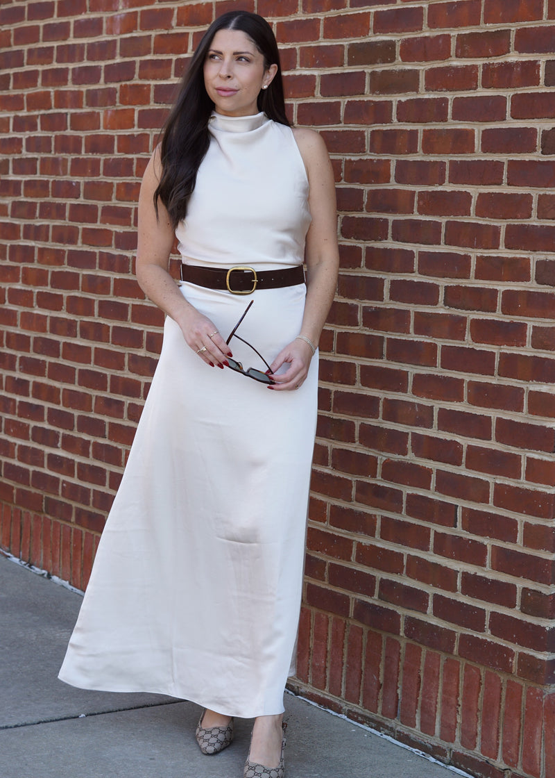 Nue 10/20 shoot: Odette Satin Belted Maxi Dress