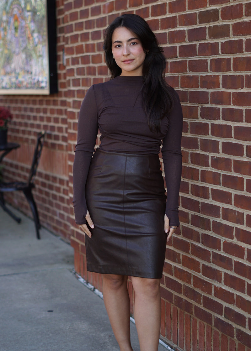 Nue 10/20 shoot: Lenny Vegan Leather Pencil Skirt + Aster Long Sleeve Mesh Top
