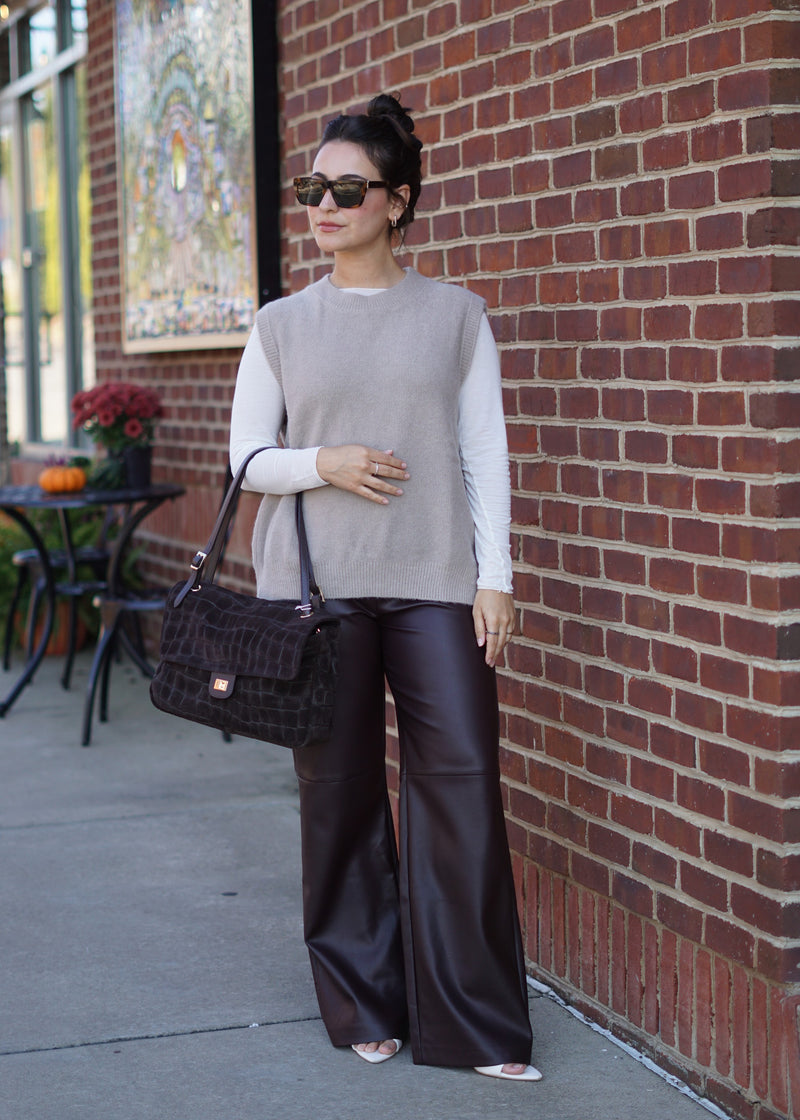 Nue 10/20 shoot: Mimi Textured Long Sleeve Top + Pippa Open Tie Back Sweater Vest + Celine Faux Leather Wide Leg Trouser + Medium Croc Suede Flap Bag