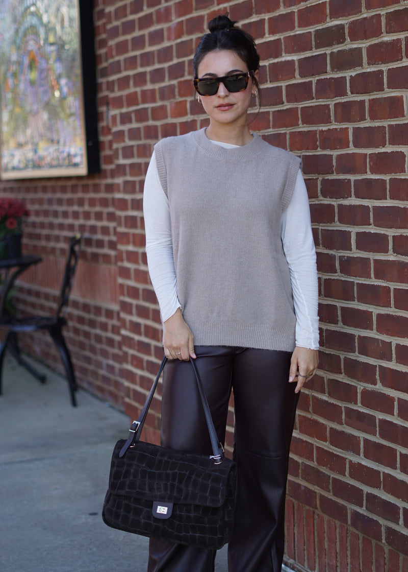 Nue 10/20 shoot: Mimi Textured Long Sleeve Top + Pippa Open Tie Back Sweater Vest + Celine Faux Leather Wide Leg Trouser + Medium Croc Suede Flap Bag