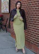 Nue 10/20 shoot: Lenny Vegan Leather Cropped Jacket + Zelda Off Shoulder Mesh Maxi Dress