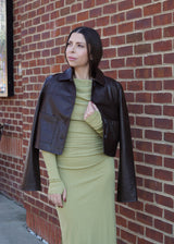 Nue 10/20 shoot: Lenny Vegan Leather Cropped Jacket + Zelda Off Shoulder Mesh Maxi Dress