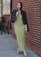 Nue 10/20 shoot: Lenny Vegan Leather Cropped Jacket + Zelda Off Shoulder Mesh Maxi Dress