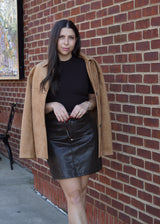 Nue 10/20 shoot: Terrain Belted Faux Suede Jacket + Corinne Belted Faux Leather Mini Skirt