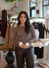 Nue 10/20 shoot: Celine Faux Leather Wide Leg Trouser + Lise Contrast Trim Ribbed Crewneck Top