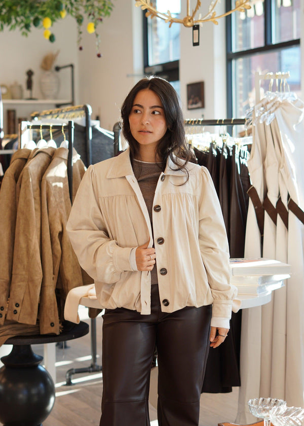 Nue 10/20 shoot: Celine Faux Leather Wide Leg Trouser + Saskia Gathered Faux Suede Jacket