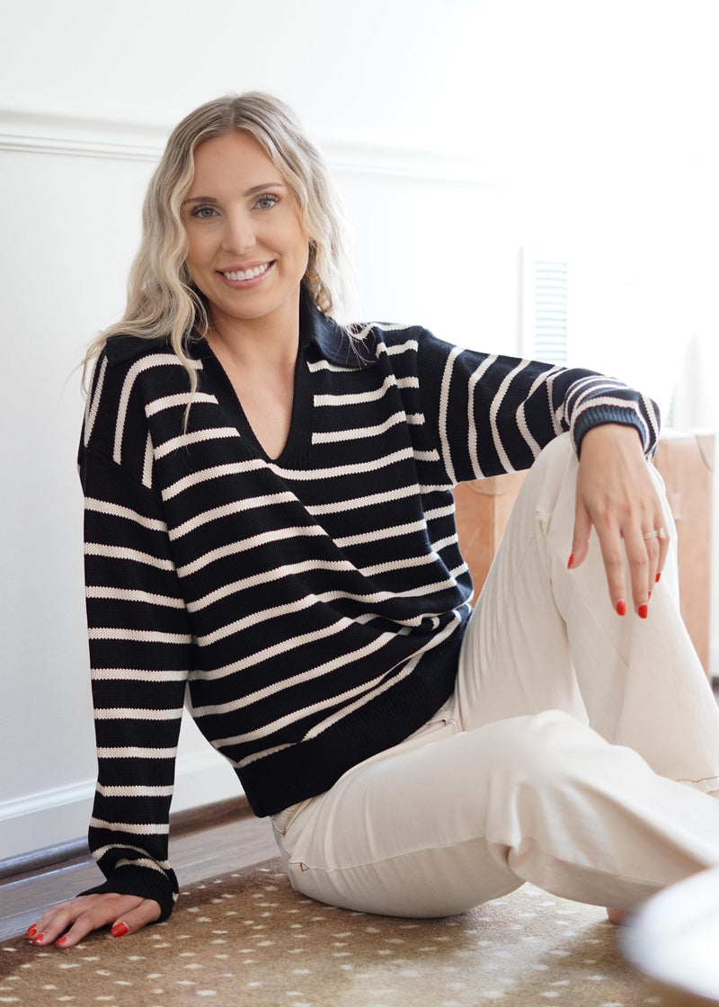 Lifestyle Lou Stripe Polo Sweater // Black & Ecru 