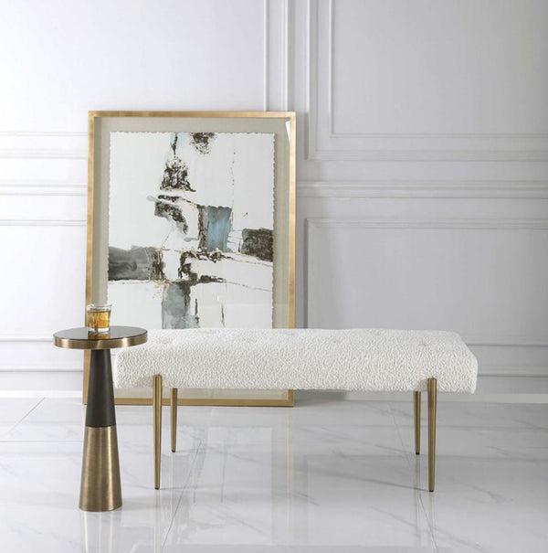 Furniture Boucle White & Gold Large Bench 50 W X 19 H X 20 D 