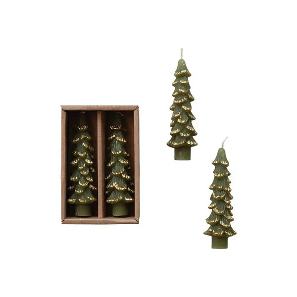 Holiday Candles Winter Tree Short Taper Candles Set // Green & Gold 