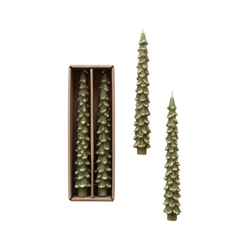 Holiday Candles Winter Tree Taper Candles Set // Green & Gold 