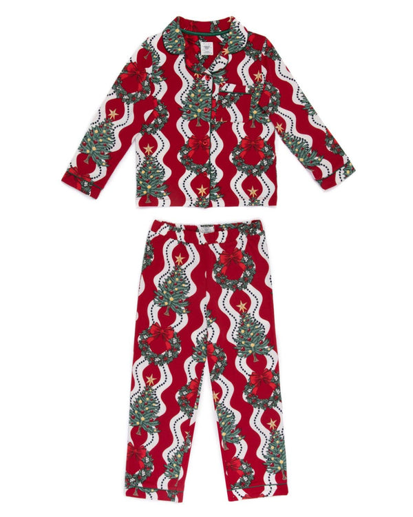 Holiday Lifestyle Kids' Red & White Wreath & Tree Stripe Print Long PJ Set: Red / 1-2 