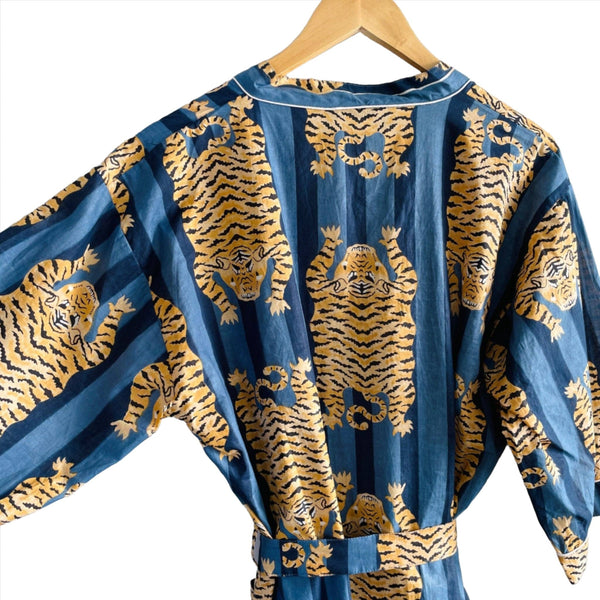Lighting - Semi Flush Blue Stripe Tiger Block Printed Kimono Robe 