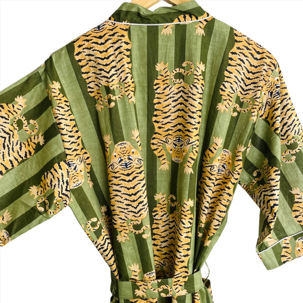 Lifestyle Green Stripe Tiger Block Printed Kimono Robe 