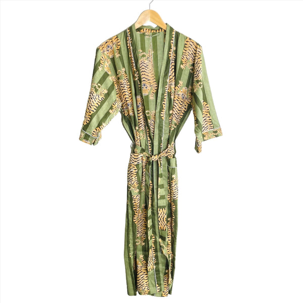 Lifestyle Green Stripe Tiger Block Printed Kimono Robe 