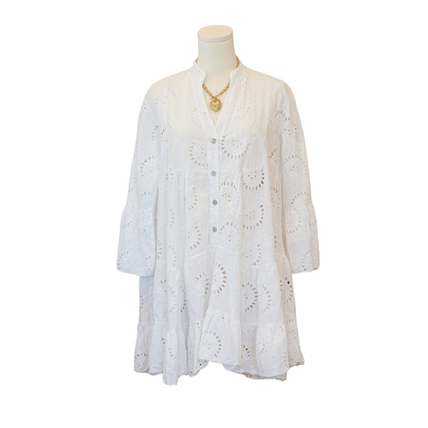 Lifestyle One Size English Embroidered Short Dress Billowy Sleeves // White 