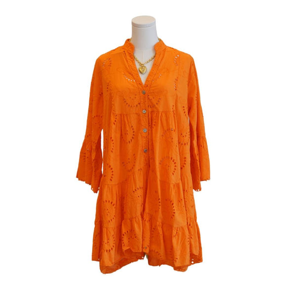 Lifestyle One Size English Embroidered Short Dress Billowy Sleeves // Orange 