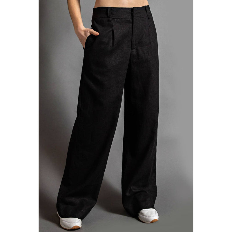  LINEN WIDE LEG PINTUCK PLEAT PANTS Black XL 