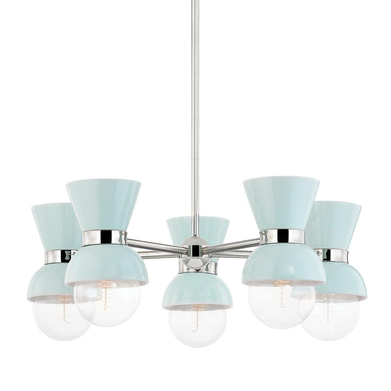 Lighting - Chandelier Gillian 5 Light Chandelier // Polished Nickel & Ceramic Gloss Robins Egg Blue 