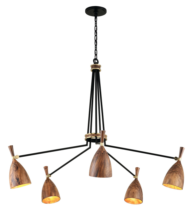 Lighting - Chandelier Utopia 5 Light Chandelier // Black Brass Acacia Wood Shades 