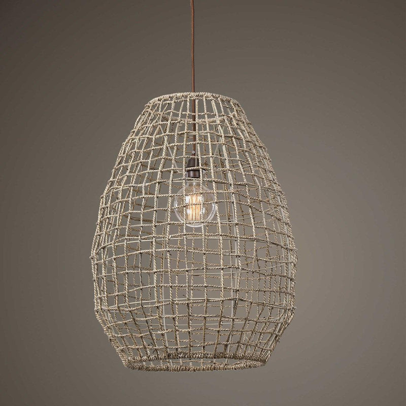  Cross Weave Seagrass Single Light Pendant // Aged Bronze 