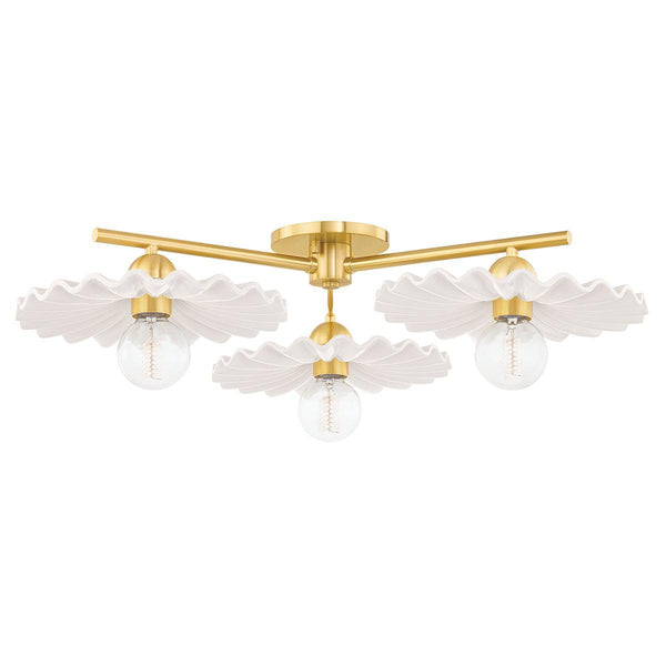 Lighting - Semi Flush Tinsley 3 Light Semi Flush // Aged Brass & Ceramic Gloss Cream 