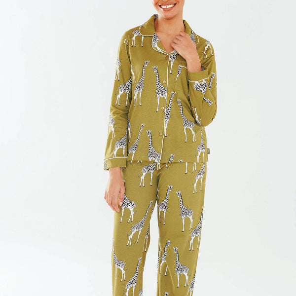 Loungewear Organic Cotton Olive Giraffe Print Long PJ Set 