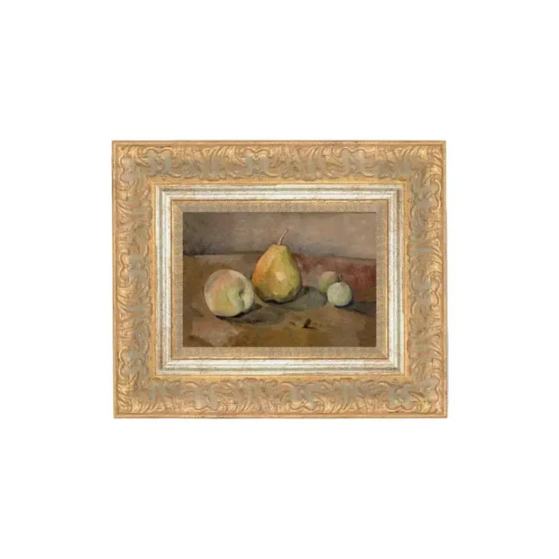 Framed still life painting of fruits on a gray wall