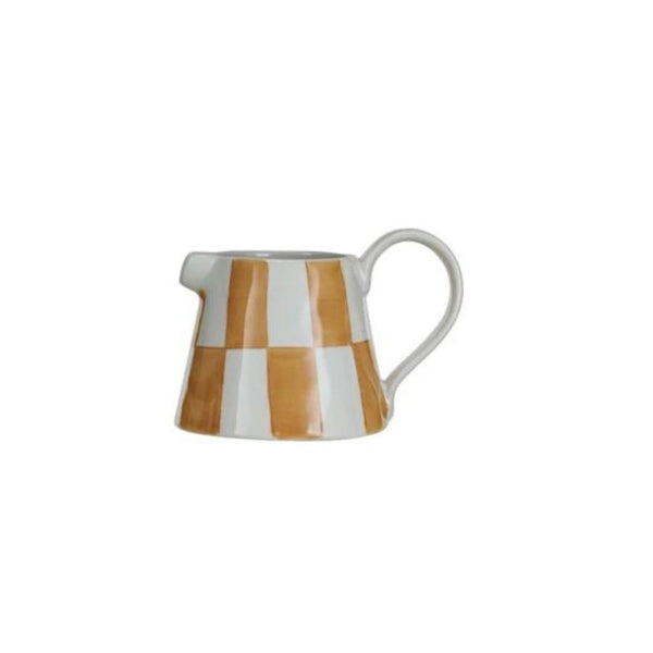 Serving Pitchers & Carafes Checkered Hand-Painted Stoneware Creamer Pitcher // 3 Colors Golden 