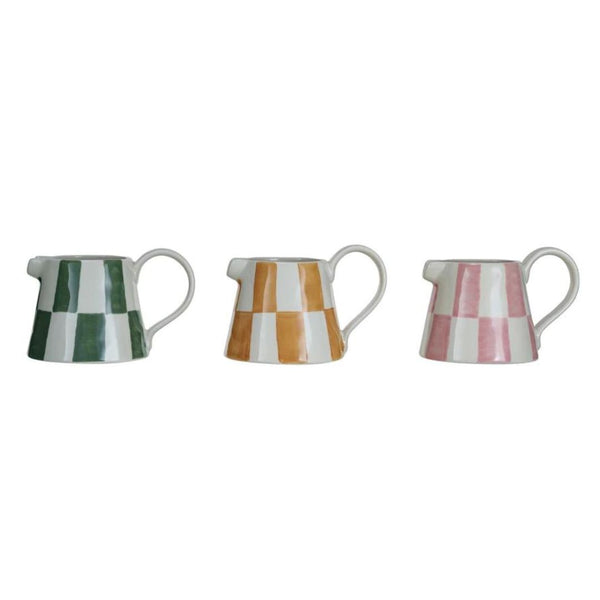 Serving Pitchers & Carafes Checkered Hand-Painted Stoneware Creamer Pitcher // 3 Colors 